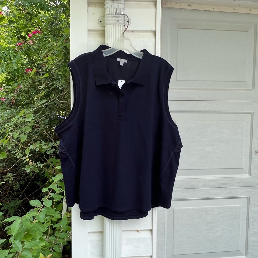 NWT T By Talbots Easy Navy Workout Sleeveless Button Neck Polo Top